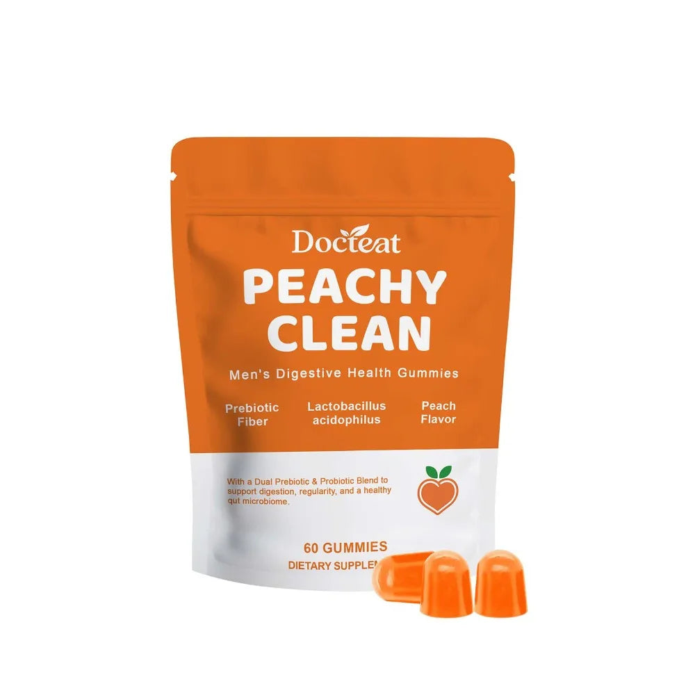Docteat Peachy Clean Men's Digestive Health Gummies Prebiotic & Probiotic Blend Peach Flavor 60 Gummies Dietary Supplement