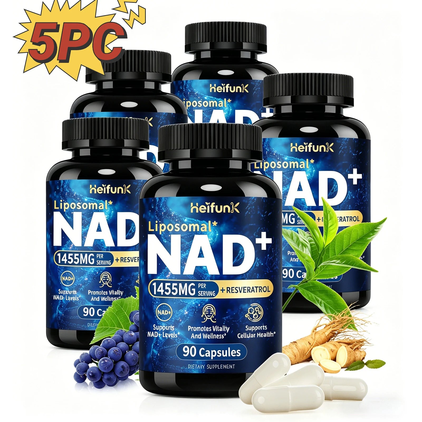 NAD+ Anti Aging Cell Booster Resveratrol Supplement Capsules with Niacinamide Support Cellular Health for Men & Women, Non-GMO