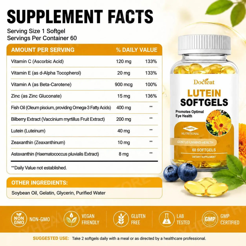 Docteat Lutein Zeaxanthin Softgels with Bilberry Fish Oil Astaxanthin,Eye Health Daily Wellness Supplement for Adults60 Softgels