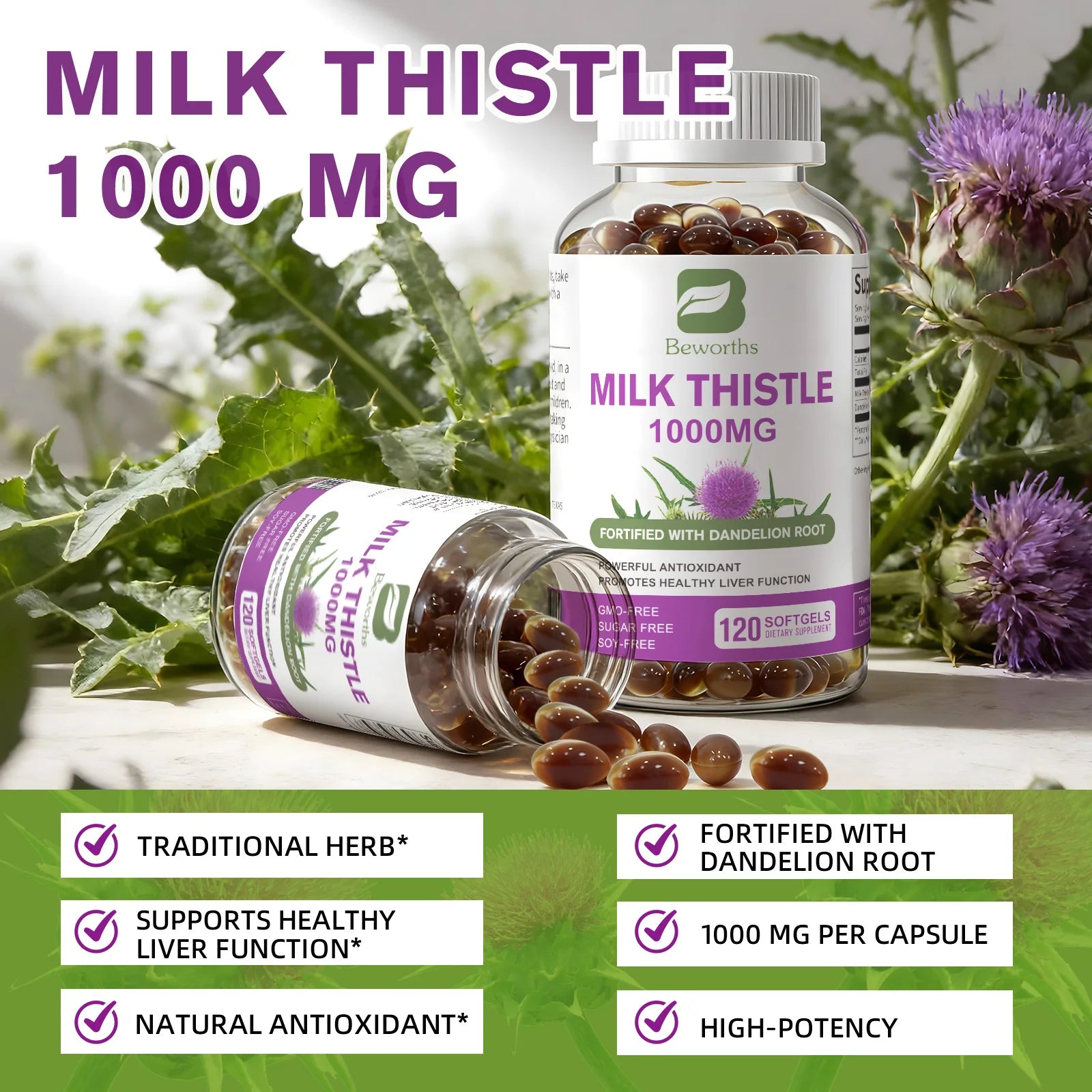 BEWORTHS Milk Thistle Extract Capsule for Liver Health Detox Liver Function Health Skin Care Gut Wellness Gluten Free Vegan