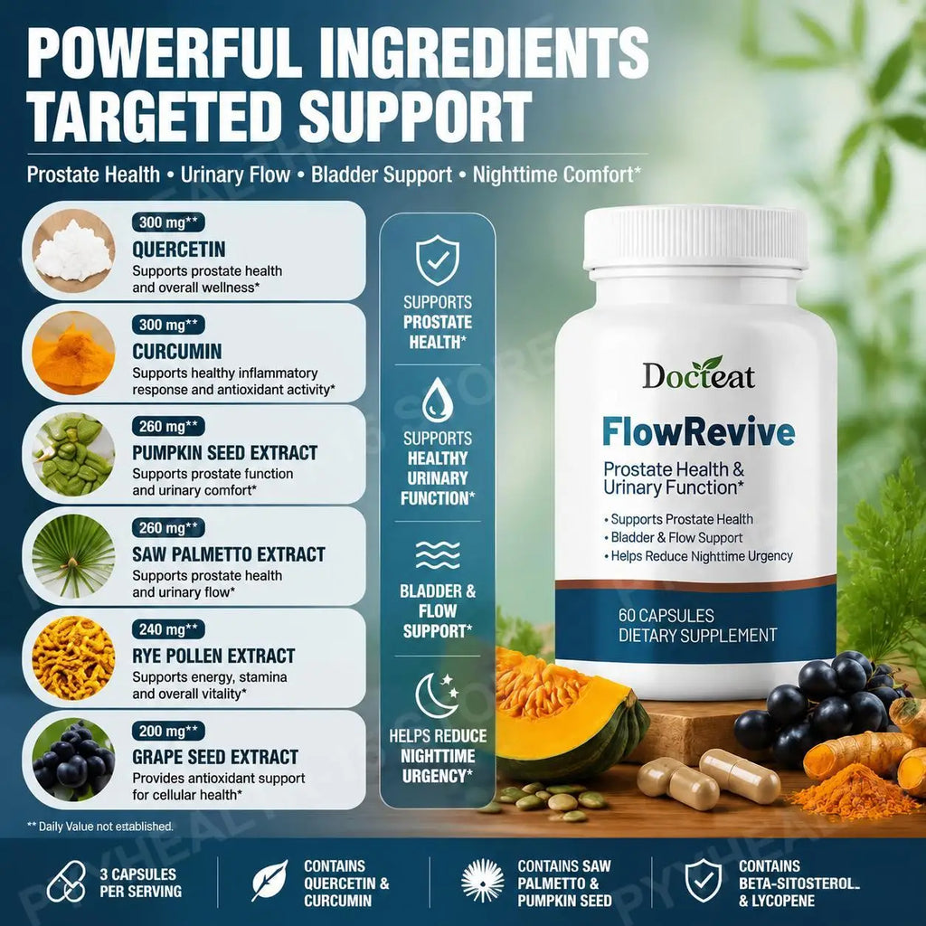 Docteat FlowRevive Men’s Saw Palmetto Prostate Health Supplement with Beta Sitosterol Pygeum Quercetin Curcumin 60 Capsules