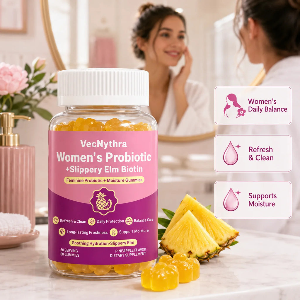 VecNythra Women's Daily Balance Probiotic Gummies with Vitamin C Slippery Elm Biotin 2 Billion CFU 60 Gummies