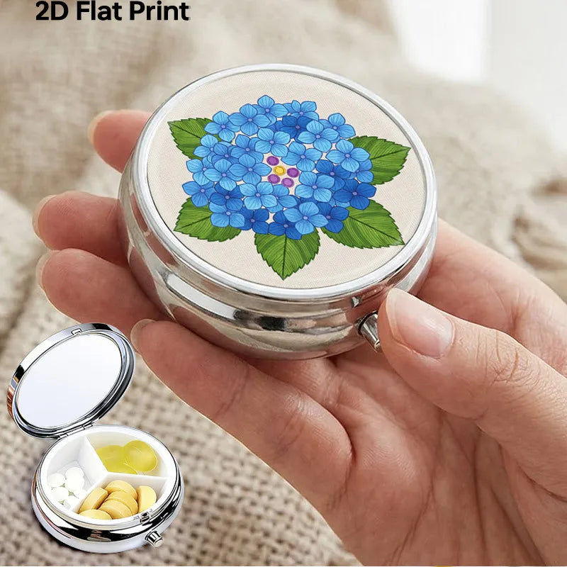Portable Mini Metal Pill Box Blue Hydrangea Floral 3 Compartment Medicine Case Travel Pill Organizer Small Pocket Vitamin Storage Holder for Purse Floral Pattern Medicine Dispensing Container Compact Durable Health Care Gift for Women Mom