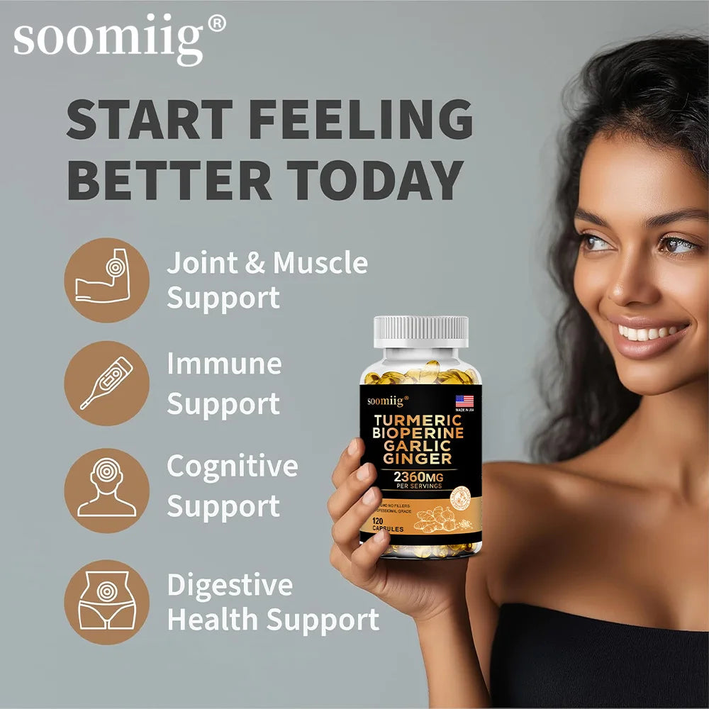 4-in-1 Turmeric and Garlic Supplements with Bioperine 2360 mg, Ginger Root Capsules for Joint, Digestion & Immune Health Support
