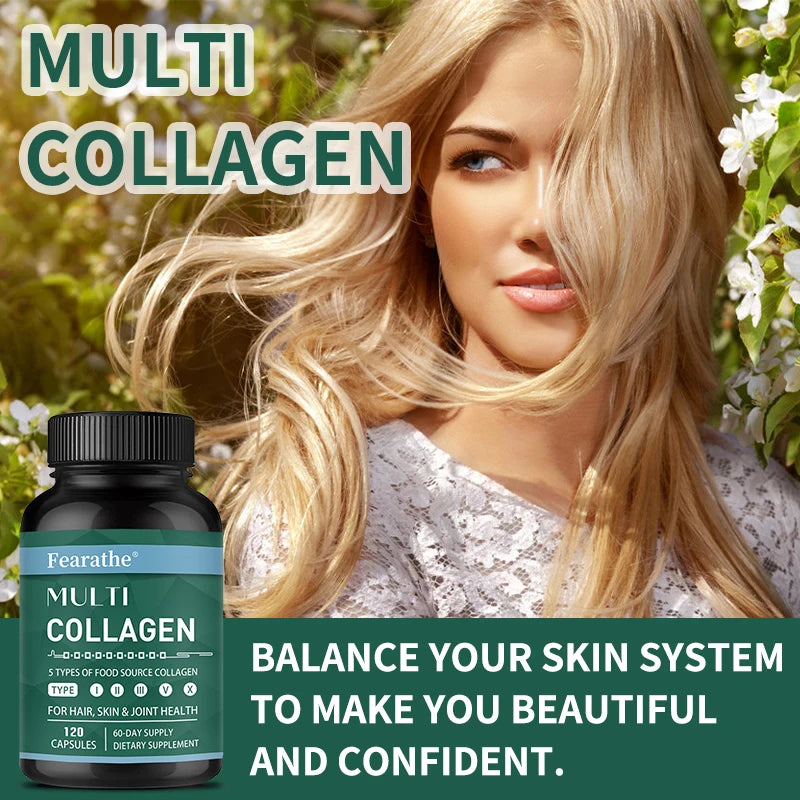 Advanced Multi Collagen with Vitamin C, Hair Skin and Nails Health Vitamins for Women and Men - with Types I II III V X