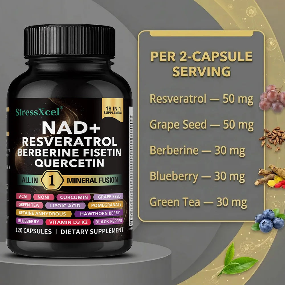NAD+ Supplement with Resveratrol Quercetin Berberine, Boost NAD Levels, Anti-Aging, Cellular Energy & Heart Health, Antioxidant