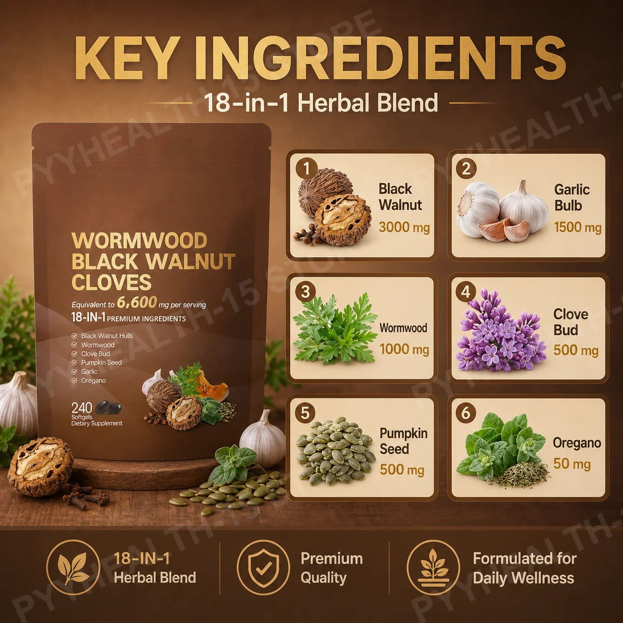 18-in-1 Wormwood Black Walnut Clove Softgels 6600mg Herbal Blend with Garlic Pumpkin Seed Oregano Daily Wellness 240 Softgels