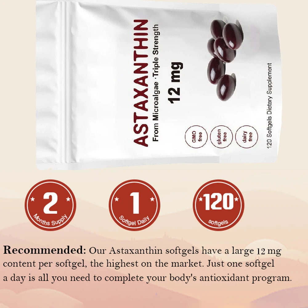 Astaxanthin 12mg, Premium Astaxanthin Antioxidant Supplements with Antioxidant Activity, Supports Eye, Immune, Skin Health