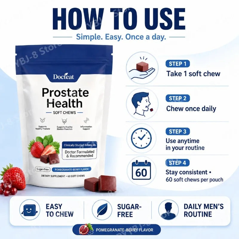 Men's Daily Prostate Health Supplement – Plant Sterols Beta-Sitosterol Zinc Vitamin C Selenium 60 Soft Chews Pomegranate-Berry