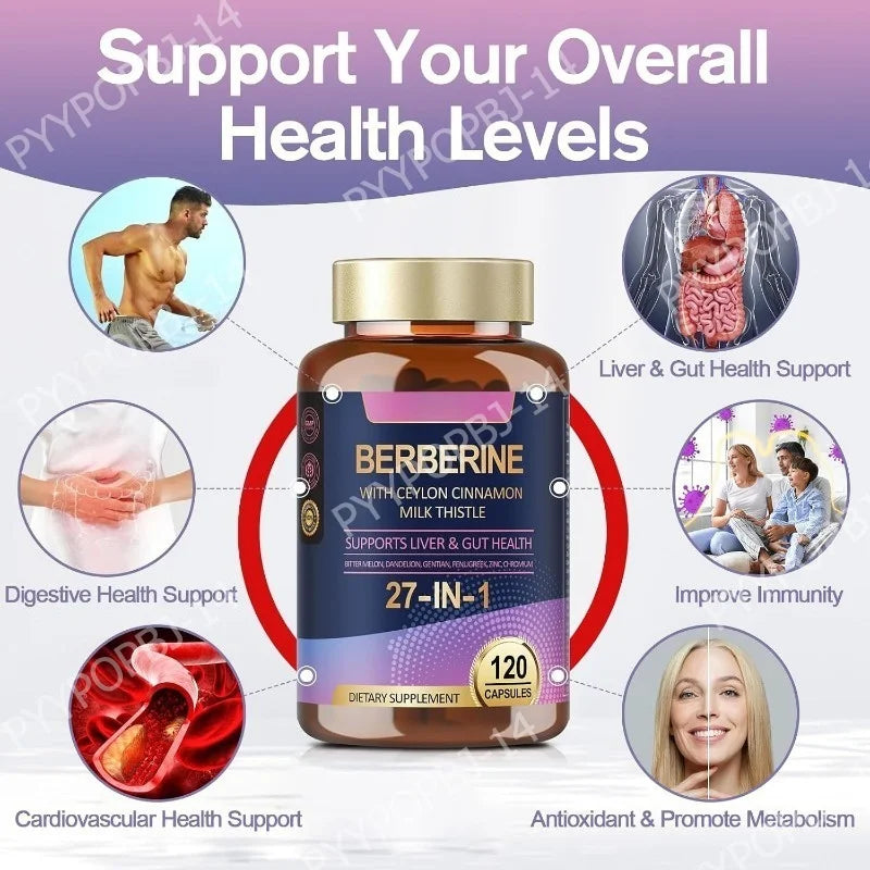 27 in 1 Berberine Supplement with Ceylon Cinnamon, Milk Thistle for Liver Gut Health Immunity Men & Women 120 Vegan Capsules