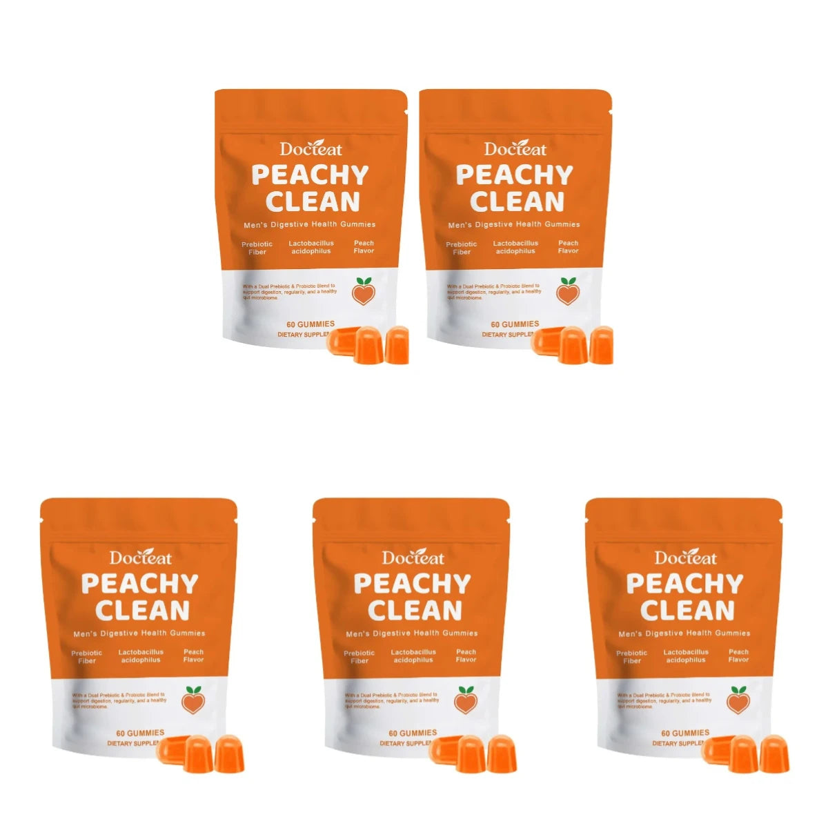 Docteat Peachy Clean Men's Digestive Health Gummies Prebiotic & Probiotic Blend Peach Flavor 60 Gummies Dietary Supplement