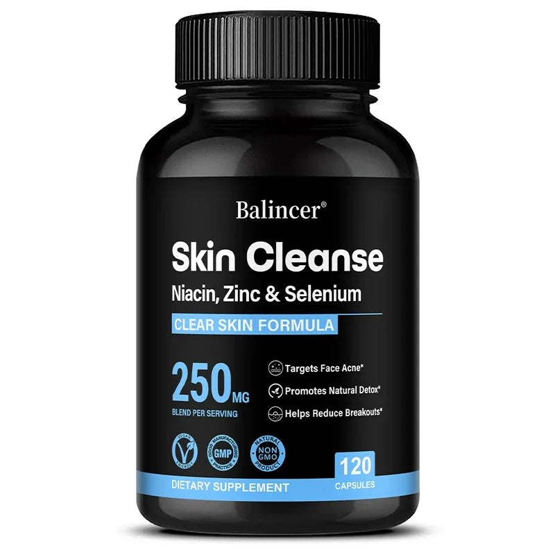 Skin Cleanse Supplements for Men, Women & Teens – Niacin, Zinc & Selenium, Skin Health & Immune Support – 120 Vegan Capsules