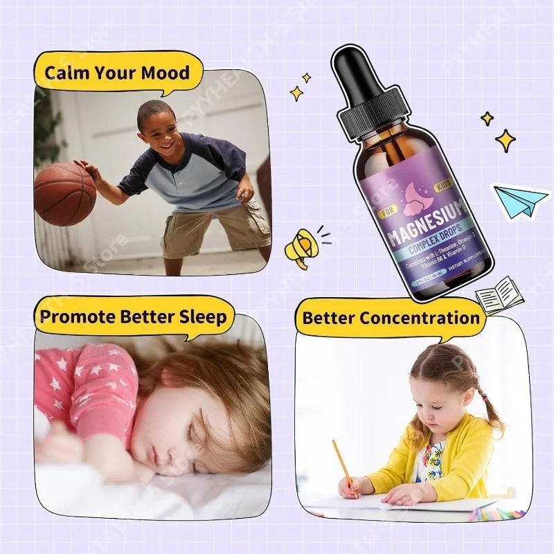 Kids Liquid Drops, Magnesium Glycinate with L-theanine Omega-3 Vitamin B6 D3 for Supports Bone Health and Relaxation 60 Ml