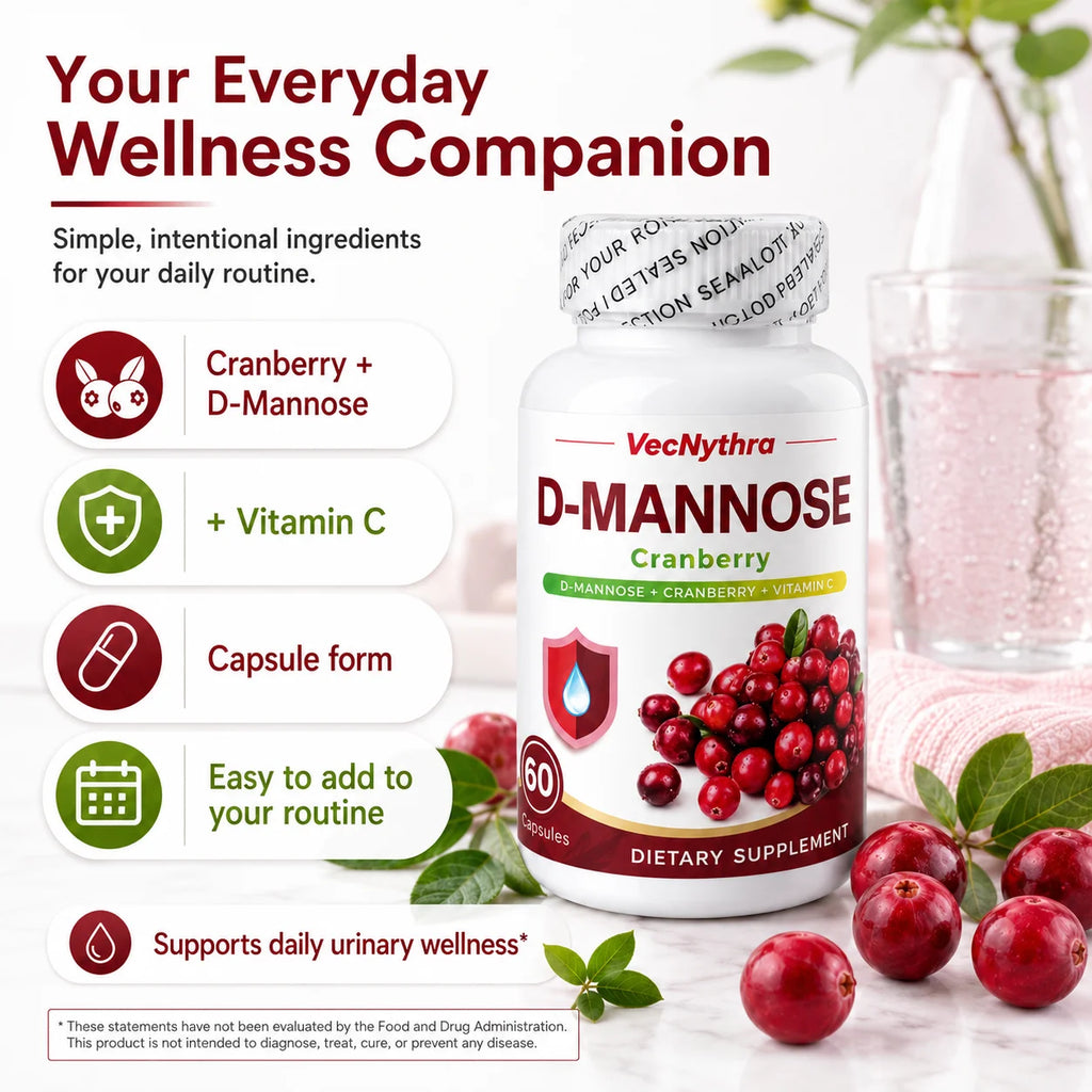 VecNythra Cranberry D-Mannose Supplement with Vitamin C Uva Ursi Leaf Extract for Women 60 Capsules 30 Day Supply