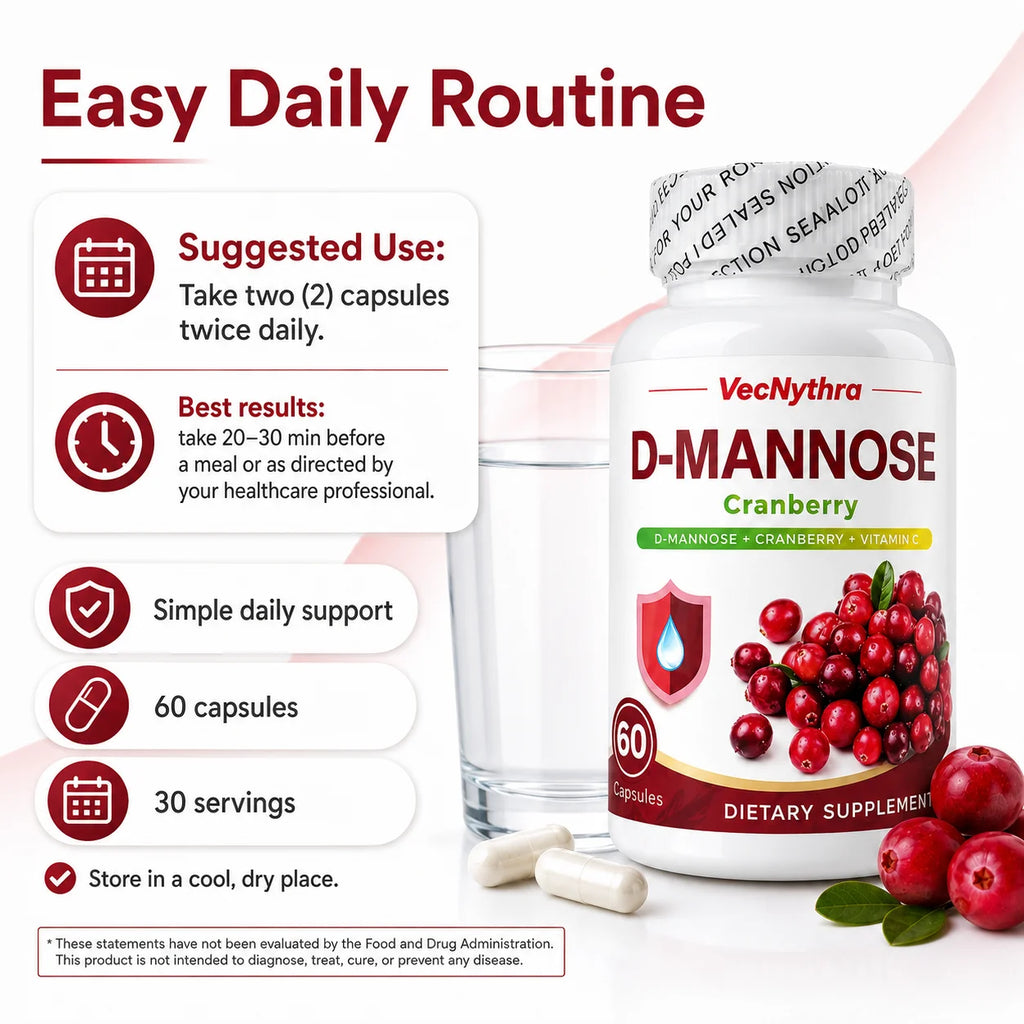 VecNythra Cranberry D-Mannose Supplement with Vitamin C Uva Ursi Leaf Extract for Women 60 Capsules 30 Day Supply