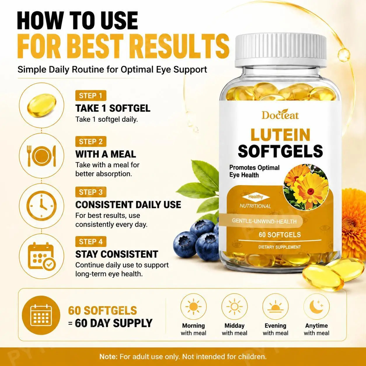 Docteat Lutein Zeaxanthin Softgels with Bilberry Fish Oil Astaxanthin,Eye Health Daily Wellness Supplement for Adults60 Softgels