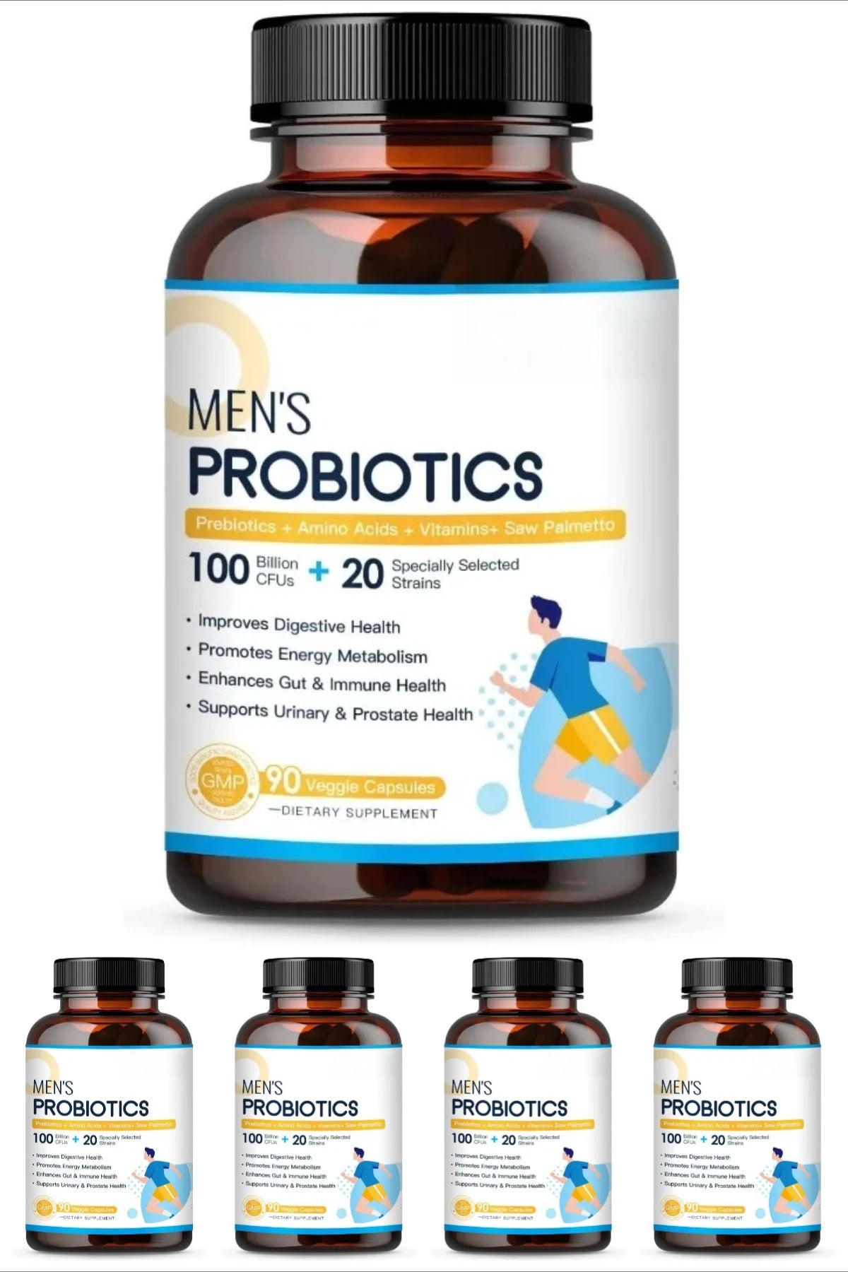 Men’s Probiotic Supplement 100 Billion CFU 20 Strains Prebiotics Digestive Enzymes Vitamins Gut Health Daily Wellness 90 Count