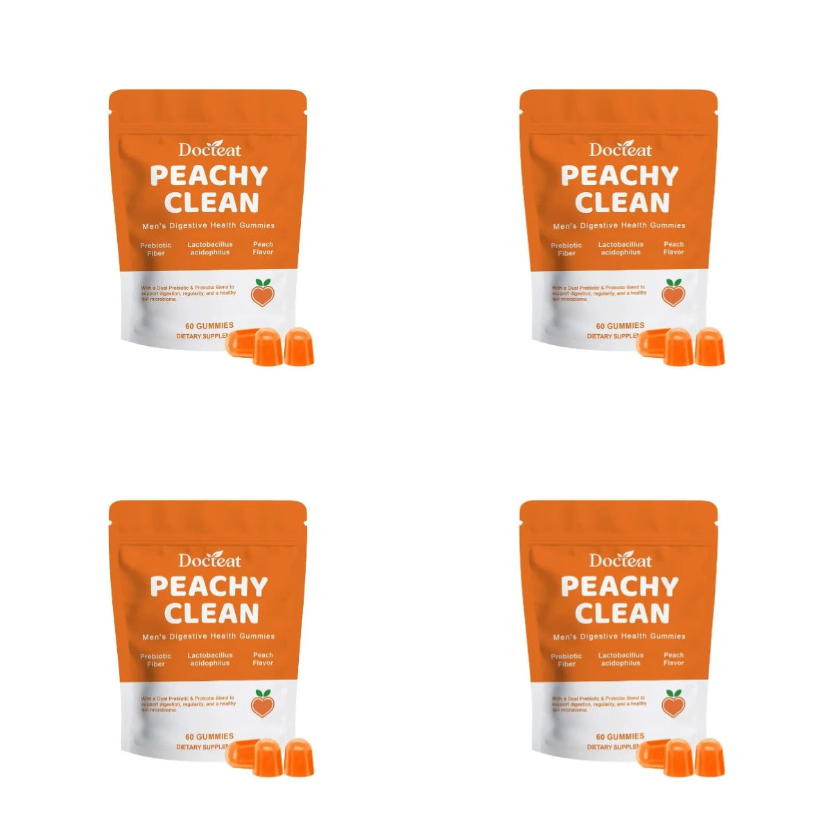 Docteat Peachy Clean Men's Digestive Health Gummies Prebiotic & Probiotic Blend Peach Flavor 60 Gummies Dietary Supplement
